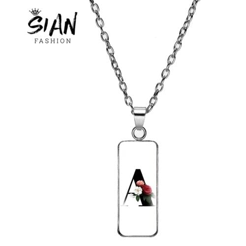 New Fashion 26 English Letters A to Z Rectangle Necklace Art Photo Glass Cabochon Zinc Alloy Necklace Unisex Decorations Gifts