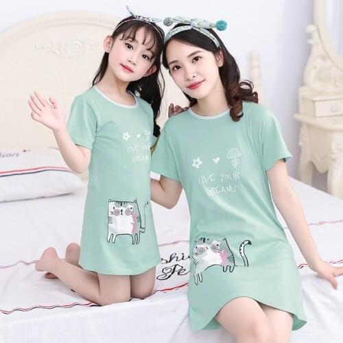 Mother Daughter dresses Family Matching Clothes Women Kids Girl Cartoon Cat Cute Dress mommy and me clothes Pajamas Sleep Dress