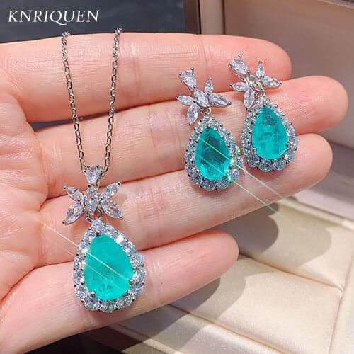 Luxury 925 Sterling Silver Wedding Jewelry Sets for Women Vintage 10*14mm Paraiba Tourmaline Emerald Earrings Pendant Necklace