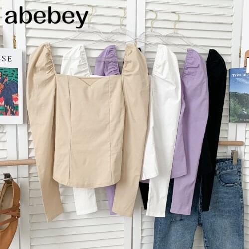 Korean Square collar Long Sleeve Shirt high waist pleated solid color short pullover Shirt Top 2021 New Spring Autumn