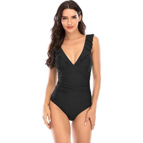 Sexy One Piece 2021 Solid Swimsuit Push Up Swimwear Women Ruffle Monokini Summer Swimsuit Bodysuit Bathing Suit Beach Wear #G3