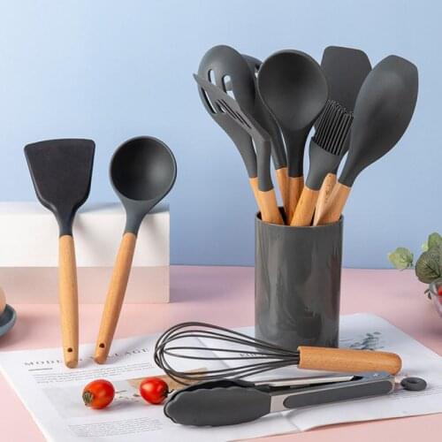Silicone Kitchen Cooking Utensils Non-Stick Spatula Soup Spoon Turner Oil Brush Shovel Wooden Handle Kitchen Cooking Accessories