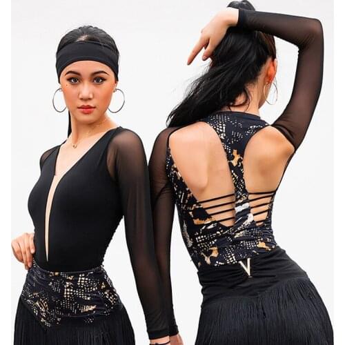Modern Ballroom Dance Tops For Women Adult Long Sleeve Backless Practice Clothing Latin Dance Stage Performance Shirts DWY6305