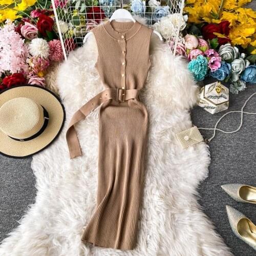 Knitted dress womens 2020 new socialite sexy shoulder slim sleeveless temperament long hip skirt