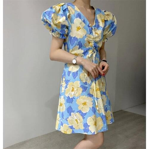 Vintage Big Flower V-neck Drawstring Puff Sleeve Dress