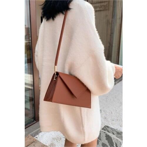 Women Tan Two Division Magnet Clamshell Leather Shoulder Envelope Women Shoulder Bag