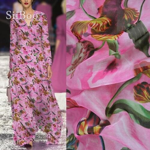Siiboo ink painting style tulip pattern print natural silk chiffon fabric for spring summer women dress wear Tela de seda sp6466