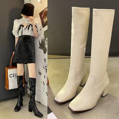Square Toe Comfortable Stretch Thin Boots Thick Heel Side Zipper Oversized Womens Knee-Length Boots Lycra Or Short Plush Lining