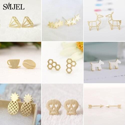 SMJEL Mixed Style Small Triangle Star Stud Earrings Women Cute llama Skull Coffee Cup Pineapple Earing Christmas Jewelry Gift