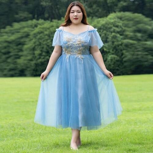 Women Prom Dresses Boat Neck Plus Size Embroidery Tea-Length A-Line Regular Half Sleeve Natural IIusion Lace Party Dress D063