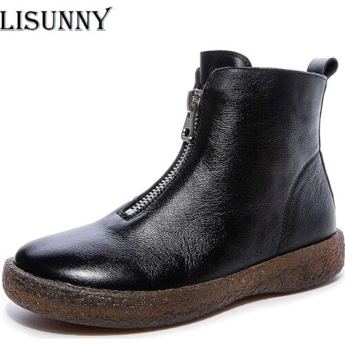 LISUNNY 2021 Fashion Genuine Leather Boots for Women Ankle Boots Round Toe Flat Shoes Zipper Boots Lady Casual Platform Boots