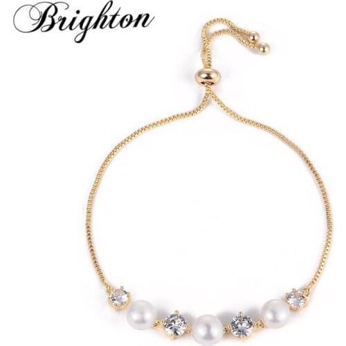 Brighton Delicate Big Zircon Round Simulated Pearl Adjustable Bangles & Bracelets For Women Girl Fashion Party Trendy Jewelry