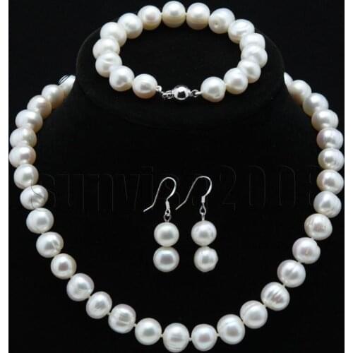 Sets 11-12mm white black freshwater pearl necklace bracelet earrings