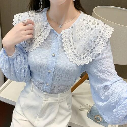 Ruffle collar lace shirt Womens Summer thin Loose Long-sleeved Women Tops Camisas Mujer Chiffon Elegant Feminin Blouse 05C