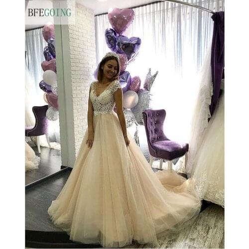 Champagne Tulle Lace V-Neck Bridal gown Floor-Length A-line Wedding dress Chapel Train Custom made