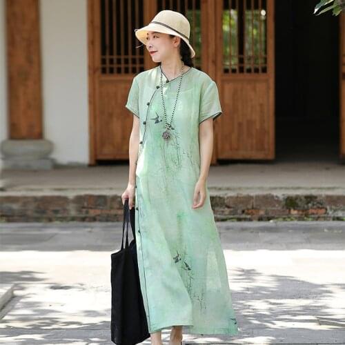 LZJN Women Summer Retro Cotton Linen Dress Short Sleeve Printed Long Cheongsam Chinese Dresses