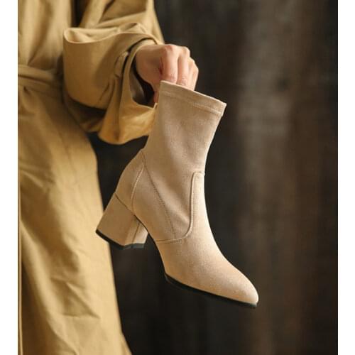 Ochanmeb Good Quality Faux Suede Boots Women Elastic Stretch Nude Block Heels Slip-ons Booties Ladies Dress Office Casual Shoes