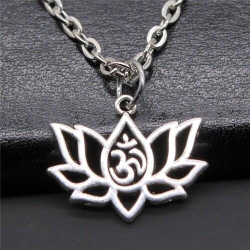 Simple Antique Silver Color 21x17mm Lotus Yoga Om Charms Pendant Necklace Short Chain Necklace For Women Dropshipping Welcome
