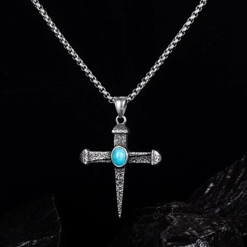 Retro Cross Pendant Jesus Necklaces for Men Boy Stainless Steel Nature Stone Necklace Christian Religious Male Jewelry Gift