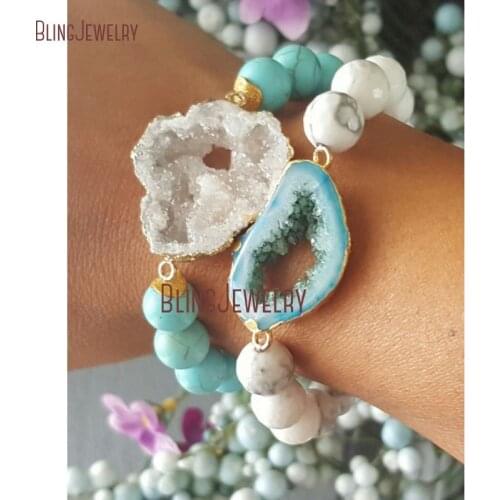 Blue Agates Druzy White Marbled Howlite Bracelet White Druzy Geode Turquoises Howlite Gold Discs Bracelet BM10751