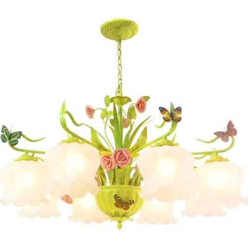 Modern Bedroom decoration Chandelier Lighting Ceramic roses Lamps Natural Romantic Living Room Led glass Chandelier Lights