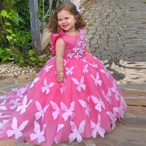 2019 New High Quality Girls Birthday Party Dress with Pearls Rose Red Puffy Tulle Flower Girl Dress with 3D Butterflies Vestidos