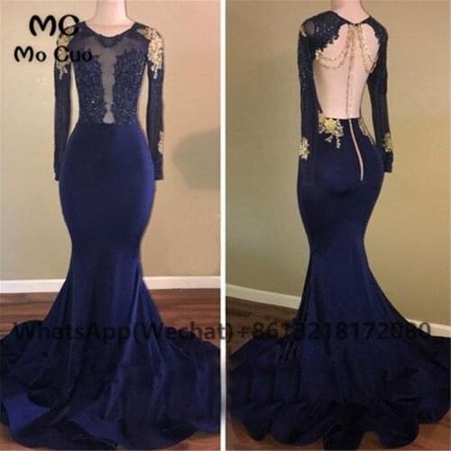 Gorgeous Long Sleeves Prom Evening Dresses Navy Blue Spandex Gold Lace Mermaid Train Appliques Backless Womens Evening Gown