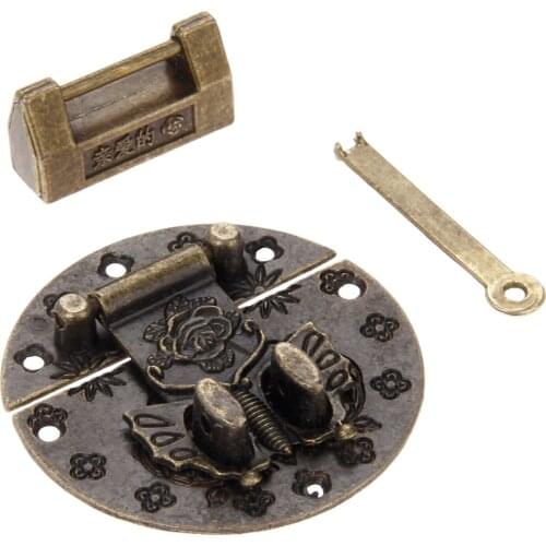 Vintage Chinese Old Lock Antique Bronze Wooden Box Padlock with Box Latch Hasp Buckle Clasp and Screws Furniture Hardware