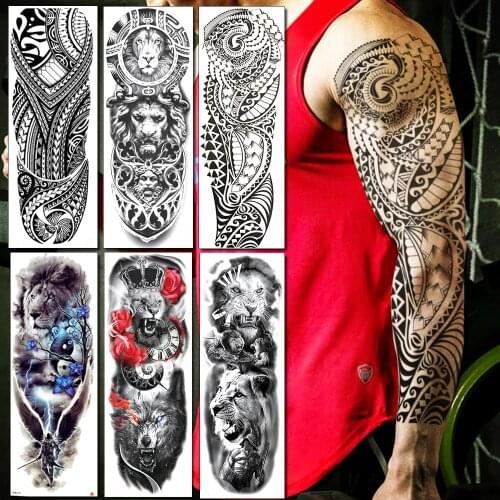 BAOFULI Full Arm Men Women Temporary Tattoo Sticker Black Long Maori Totem Fake Tattoos Body Art Waterproof Tatoo Sticker Makeup