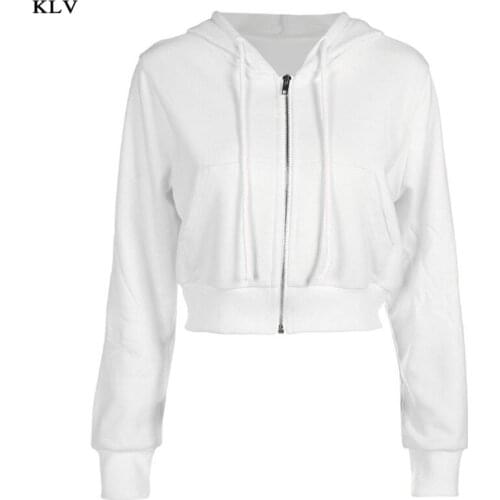 Women Long Sleeve Drawstring Hoodies Cropped Full Zip Up White Jacket Loose Short Sweatshirt Outwear Coat with Pockets