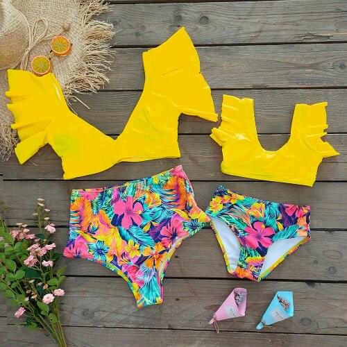 2021 New Sexy Bikini Set Women Floral Parent-child Swimsuit Ruffles Bandage Swimwear Push Up Bathing Suit Beachwear Biquini