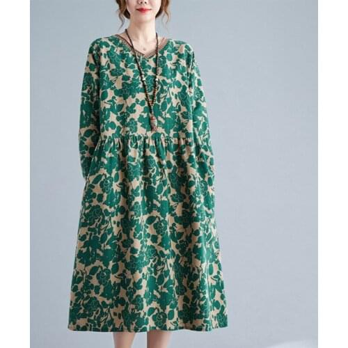 2021 New Arrival Long Sleeve Casual Autumn Dress Cotton Linen Print Floral Vintage Women Spring Dress Office Lady Work Dress