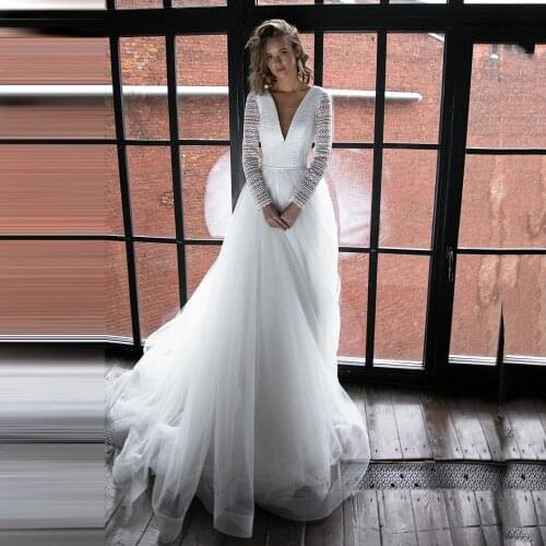 Thinyfull New Arrival Wedding Dresses V Neck A Line Simple Bride Dresses Tulle Backless Lace Appliques Vestidos de novia 2020