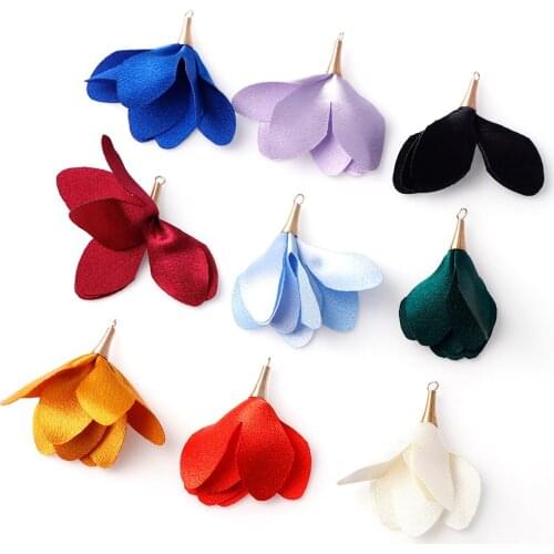 10pcs 55mm Mix Color Silk Satin Fabric Flower Tassel Charms Flower Tassel With Gold Cap Earring Accessories Jewelry