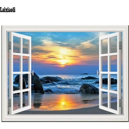 5D DIY Diamond Painting Cross Stitch window Seaside Sunset blue ocean Landscape Full Drill Rhinestones Mosaic Diamond Embroidery