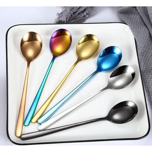 8PCS Coxeer Stainless Steel Spoons Long Handle Simple Fashion Dinner Spoons Rice Spoons Dessert Ice Cream Spoon Dinnerware
