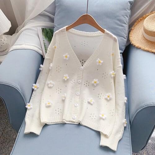 White flowers sweater jacket hollow knit sweater small yellow flower cardigan womens thick 2020