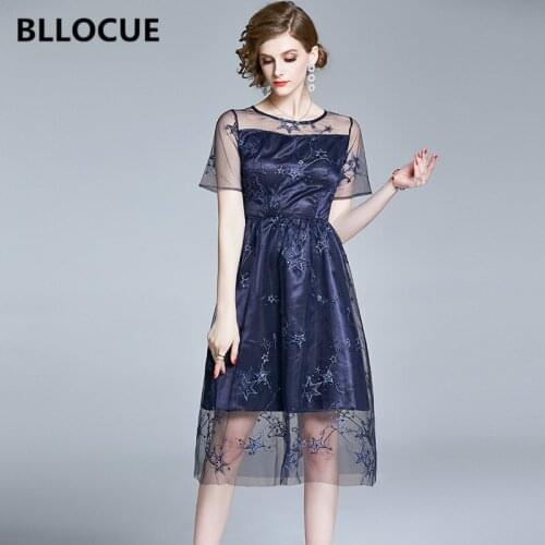 BLLOCUE 2020 Summer New Fashion Star Embroidered Perspective Mesh Round Neck Dress Female Sexy Party Midi Dress