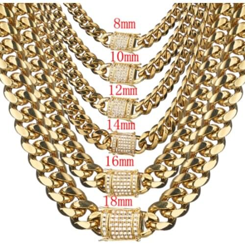 Trendy Zircon 8-18MM Stainless Steel Gold Dragon Claw Clasp Jewelry Miami Cuban Chain Mens/Womens Necklace Or Bracelet 7"-40"