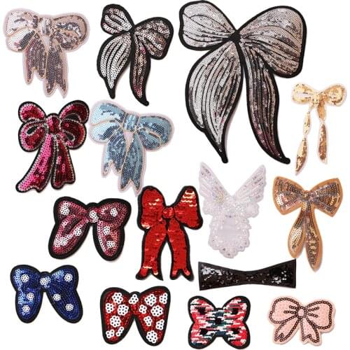1 Pcs Colorful bow sequin icons Embroidered Iron on Patches for Clothing DIY Stripes Clothes Patchwork Stickers Custom Badges