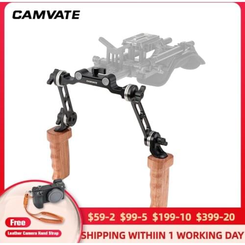 CAMVATE Dual Wooden Handgrip With Rosette Extension Arm & 15mm Clamp Railblock For DSLR Camera Shoulder Mount Rig Support System