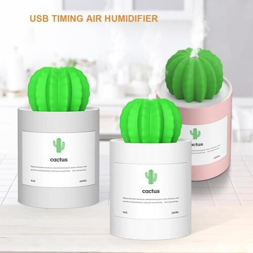 Hot USB Air Humidifier Cactus Timing Aromatherapy Diffuser 280ml Mist Maker Fogger Mini roma Diffuser With Night Light for Home