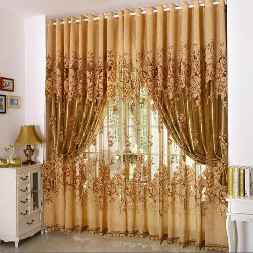 Ready Made Embroidered Luxury Curtains Tulle with Beads For Living Room Bedroom Kitchen + Thick Curtains Purple/Brown