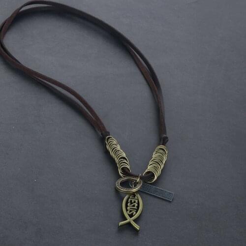 JESUS Letter Words Fish Shaped Pendant Necklace Adjustable Leather Chain Necklace for Men Catholic Religious Jewelry Gifts