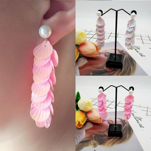 Fashion personality long sequins simple imitation pearl wedding earrings Shell pattern geometric earrings for women