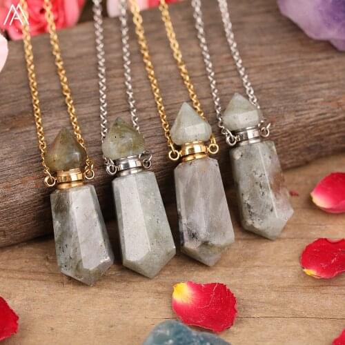 Natural Labradorite Stone Point Perfume Bottle Diffuser Pendant Necklace Women Haxagonal Stone Gold Silvery Necklac Jewelry Gift