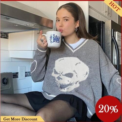 Hirigin New Women College Style Skull V-neck Sweater Tops Fashion Loose Sweater Knitted Long Sleeves Knitwear