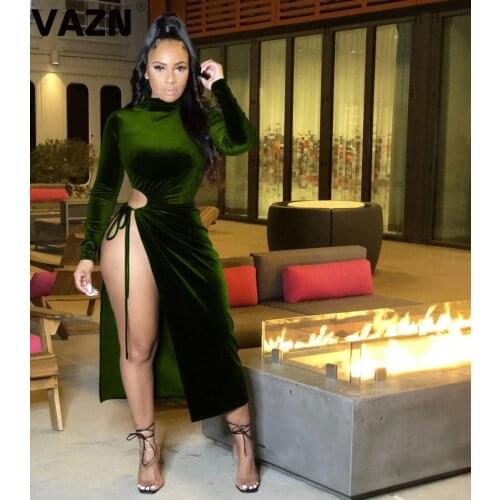 VAZN 2020 New Arrival Sexy Club Novelty Suede Dress Solid Turtleneck Full Sleeve Open Elegant Women High Waist Thin Midi Dress