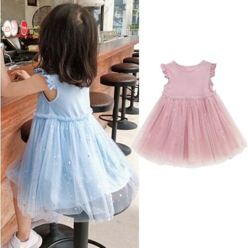 2-7Y Summer Toddler Kids Girls Mesh Princess Dress Ruffle Sleeve Sequined Knee Length Tutu Dress