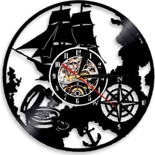 Yachting Sea Sailing Boat Anchor Telescope Wall Clock Nautical Steering Wheel Vintage Vinyl Clock Handmade Wall Art Decor